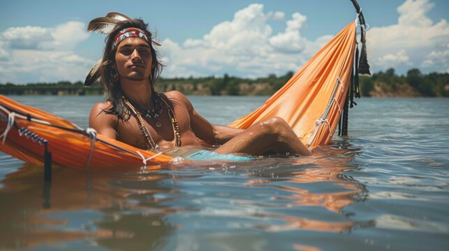 Shirtless Native American Man Relaxing in Water