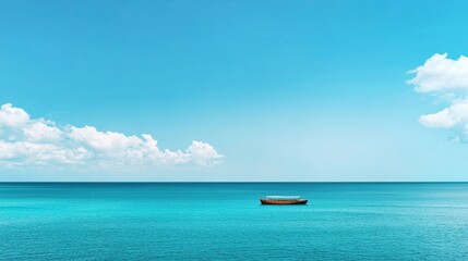 A serene seascape featuring calm turquoise waters under a bright blue sky with a few clouds and a small boat in the distance.