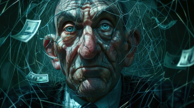 Greedy Banker Caricature Exposed in Web of Money