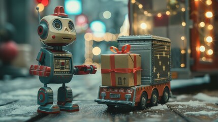 Fototapeta premium Robot Delivering Tiny Gift Box in Winter Scene