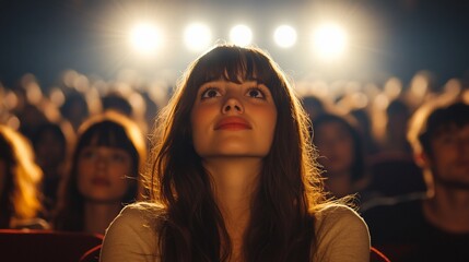 Fototapeta premium Young woman watching a movie in a crowded cinema, looking up at the screen.