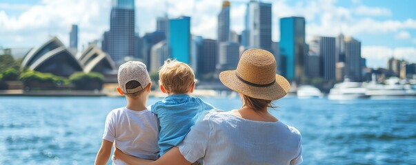 Family enjoying a scenic view of Sydney's skyline, overlooking the harbor on a sunny day, creating memorable moments together.