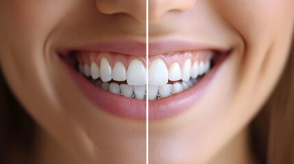 Split-screen image of a smile, one side showing crooked teeth before braces, the other perfectly aligned after 18 months, Realistic Style, Soft Lighting
