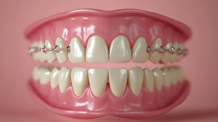 Fototapeta premium Time-lapse animation of teeth shifting with braces, starting with crooked alignment, showing gradual movement, and ending with perfectly straight teeth