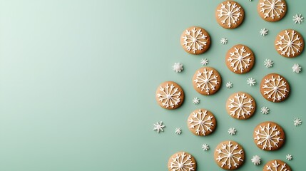 Christmas cookies with colorful frosting arranged neatly on a green background, flat lay, space for text, festive and warm holiday mood