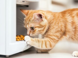Curious orange kitten reaching into a food container for kibble, playful pet exploring its environment.