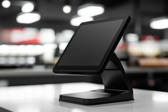 Terminal pos with a black empty mock up screen, staying in a diner, restaurant or store