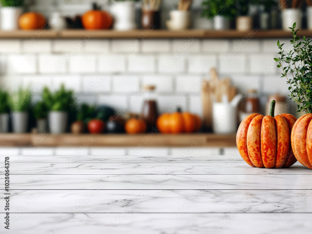 Poster empty kitchen table with pumpkins and blurred background with copy space