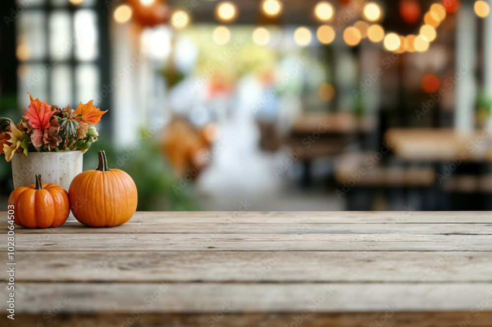 Poster empty wooden table displaying fall pumpkins with out of focus restaurant background ready for your f