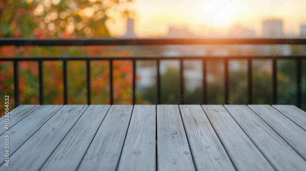 Poster empty wooden table perspective on blurred evening city with bokeh lights at sunset background