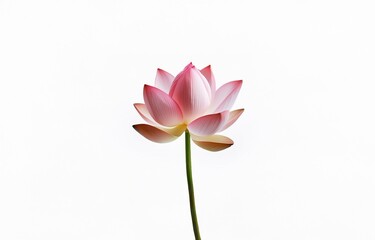 A single pink lotus flower with green stem, isolated on a white background.