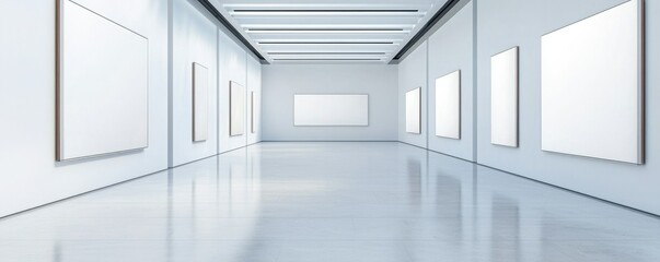 Modern art gallery interior featuring empty white walls and polished floors, perfect for showcasing artwork.