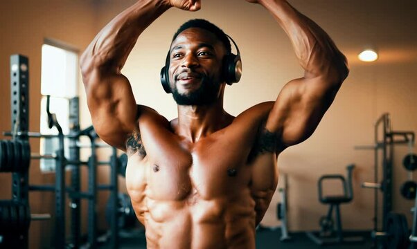 Gambian Man Stretching Muscles in Gym with Headphones