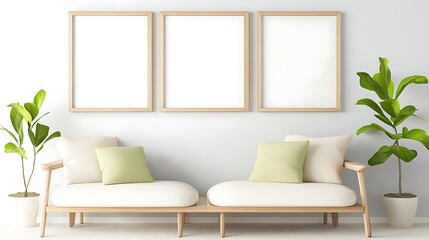 A Japanese-inspired living room with tatami mats, low furniture, and a blank white frame hanging above a simple futon, inviting serene artwork to enhance tranquility. 