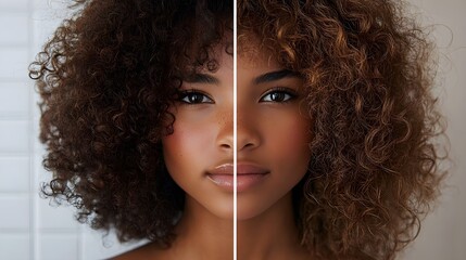Visual guide to styling curly hair with honey, with side-by-side images showing untamed curls before and sleek, defined curls after honey treatment