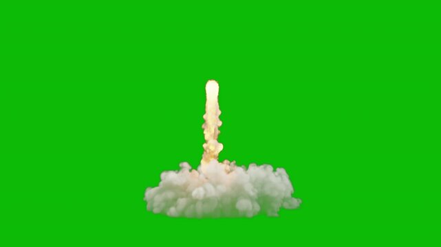 Rocket, space ship, or missile launch with smoke and fire, two versions and a GROUND REFERENCE shot to help you match the perspective, green screen, 4K 30P