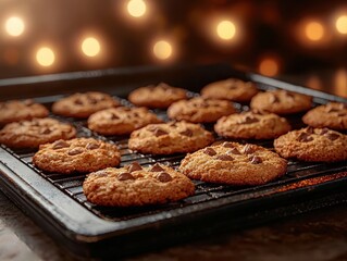 Fototapeta premium Freshly baked chocolate chip cookies cooling on a wire rack, warm and delicious, with festive lights in the background.