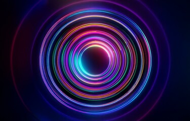 Neon glowing concentric circles against a dark background.