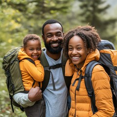 Happy family on a hiking adventure in a lush forest. Smiling parents with a child enjoying nature and outdoor activity together.
