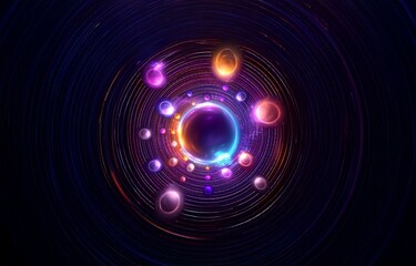 Glowing orbs and a ring of light are surrounded by concentric circles in an abstract design.