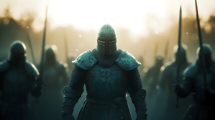 Fototapeta premium Armored knights, glowing from enchantments, standing in a mystical stone courtyard at dawn, ready for an epic journey, Fantasy, Mythology, Ethereal glow