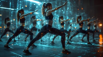 Athletes in modern sportswear, performing synchronized stretches on a digital platform surrounded by virtual fitness data and health metrics