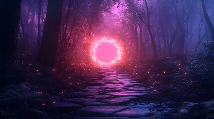 Obraz premium Bioluminescent mushrooms forming a glowing circle, opening a pathway to a fairy realm, ethereal lighting, digital art, neon hues, misty enchanted woods