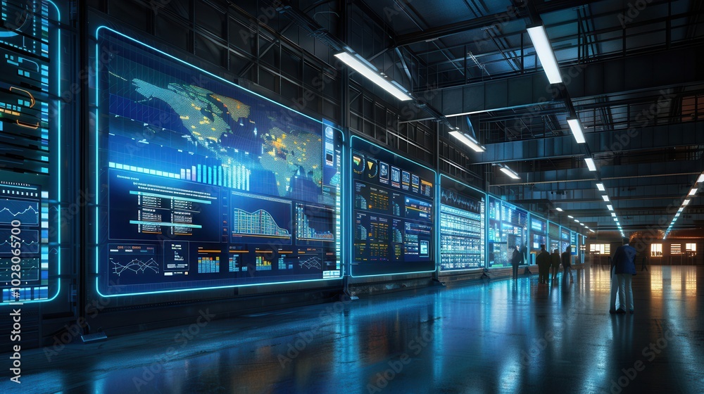 Poster large screens in a logistics control center showcase delivery routes and data analytics to optimize 