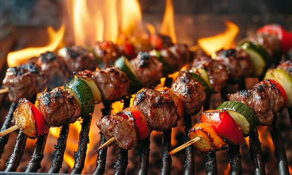 Delicious vegetable and meat skewers on the flaming grill