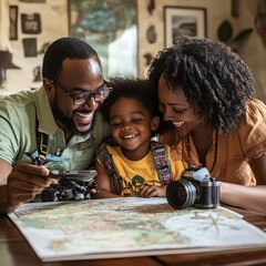 Happy family exploring a map together at home, embracing adventure and learning through playful discovery with a magnifying glass.