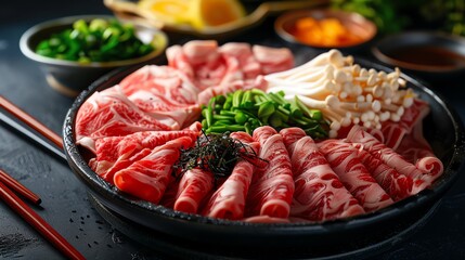 Beautifully arranged shabu-shabu ingredients, close-up view, 3D illustration