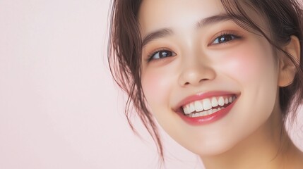 Fototapeta premium Bright smiling woman in studio setting for beauty and lifestyle concepts