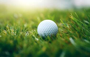 Fototapeta premium A close-up of a golf ball resting on lush green grass on a golf course, capturing the essence of the game and outdoor leisure activities 