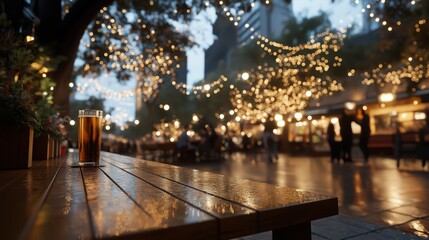 Cozy outdoor bar with bokeh lights - perfect for spring evenings, dining, and social gatherings