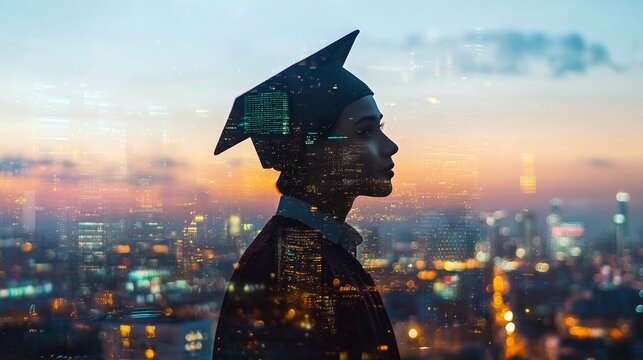 Creative double exposure of a graduate's profile against a city skyline at dusk, highlighting future aspirations in a vibrant urban setting, marketing banner