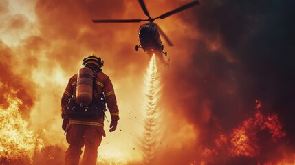 Naklejka premium Dramatic wildfire scene with firefighter battling flames, helicopter overhead releasing water, intense smoke cloud in the sky, highlighting bravery in action
