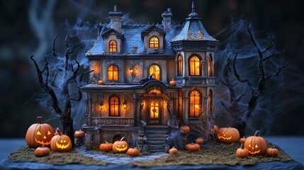 A miniature haunted house with glowing windows and pumpkins, surrounded by cobwebs and trees.