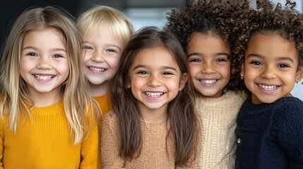 Obraz premium Diverse group of happy children smiling in autumn sweaters for school marketing and community projects