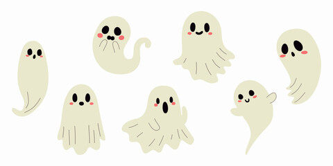 Duchy na Halloween. Straszne i zabawne sylwetki duchów. Tradycyjne dekoracje na Halloween. Ilustracja wektorowa.