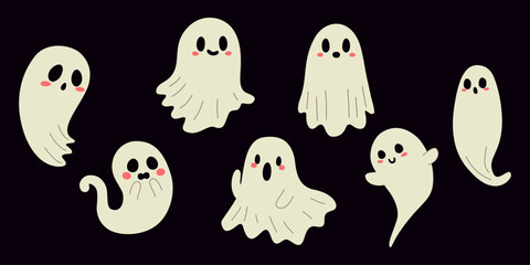 Duchy na Halloween. Straszne i zabawne sylwetki duchów. Tradycyjne dekoracje na Halloween. Ilustracja wektorowa.