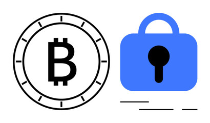 A black Bitcoin symbol inside a circle next to a blue padlock icon. Ideal for financial technology digital currency blockchain security and online transactions themes. Minimalist flat design