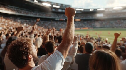 Energetic live event in stadium: enthusiastic crowd at sports game for entertainment marketing