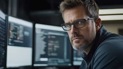 Focused software developer coding in modern office for tech industry projects