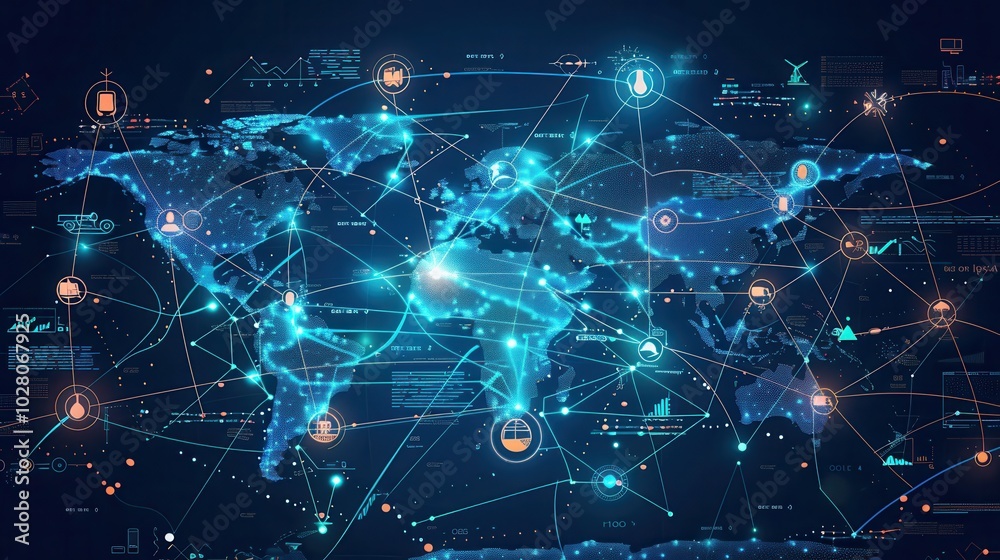 Aufkleber A digital map displays highlighted global transport routes connected by various transport icons, illustrating international networks. Generative AI
