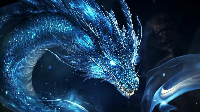 A blue dragon with glowing eyes stares into the distance, its scales shimmering with an otherworldly light