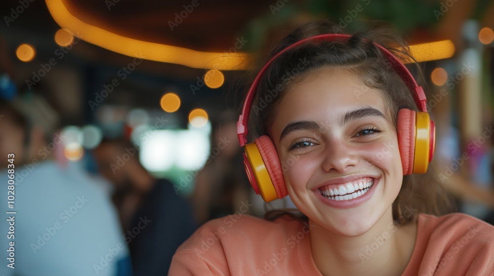 Wall mural joyful young woman with headphones smiling in casual setting for lifestyle and tech imagery