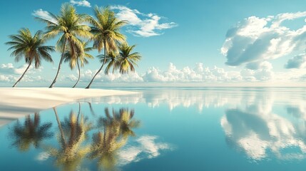 Peaceful image of palm trees along a white sand beach, reflecting in calm water.