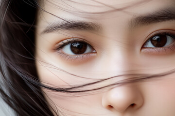 Fototapeta premium close-up of woman's eyes with hair blowing across face
