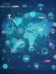 Transport routes are highlighted on a global map showcasing various modes of transportation connecting cities worldwide. Generative AI