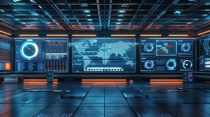 Fototapeta premium A logistics control center displays large screens that provide real-time delivery updates and route data for efficient operations. Generative AI